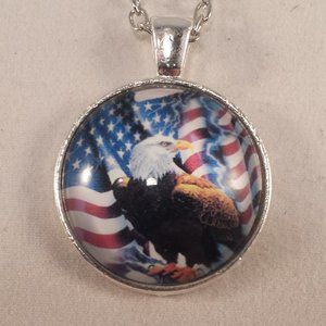Mens Silver Bald Eagle Cabochon Pendant Necklace Party Gift